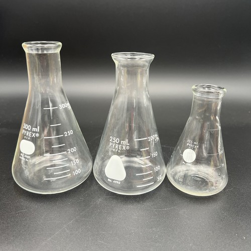 Erlenmeyer Bottiglie Bocca Stretta Vetro Bicchieri 300 250 125ml Set di 3 Pyrex USA - Foto 1 di 12