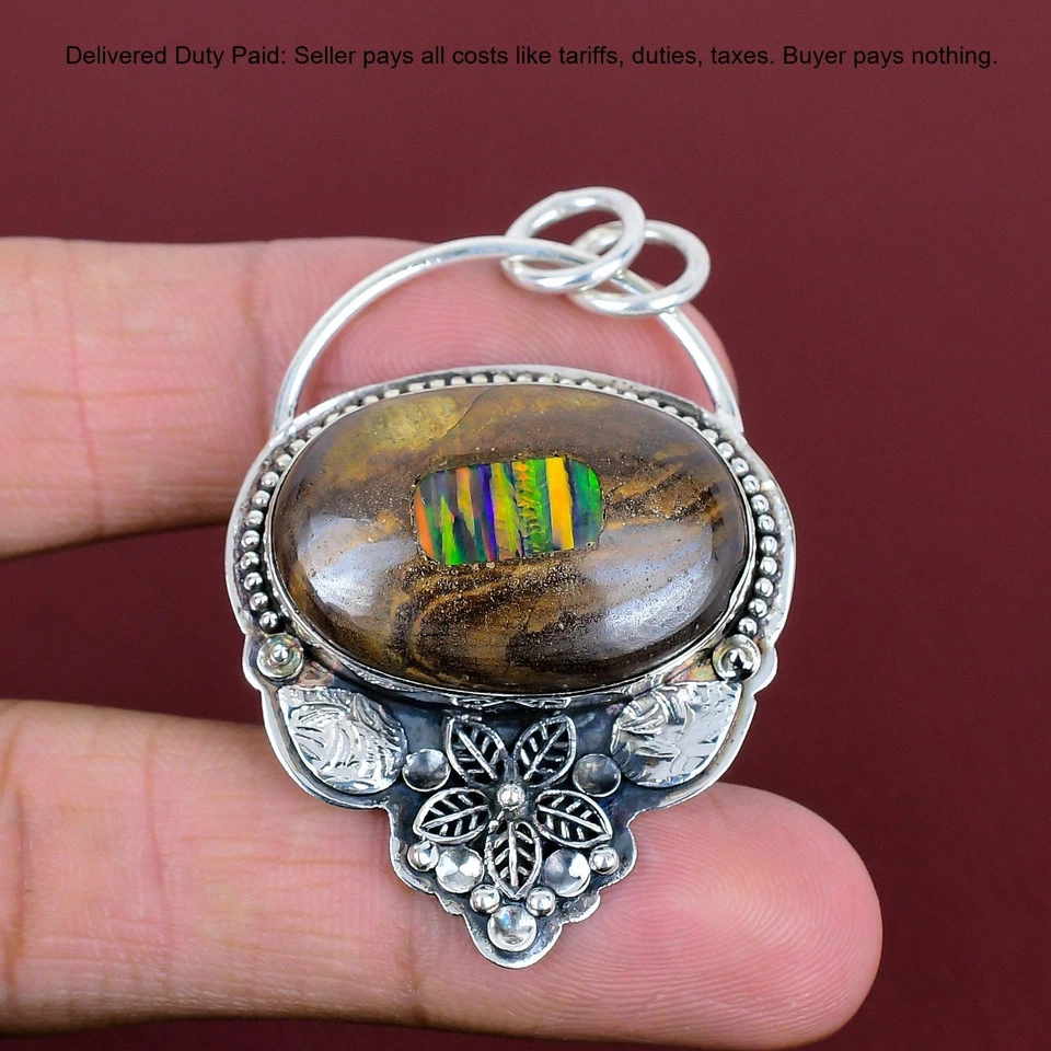 Кулон на день рождения из стерлингового серебра 925 пробы с этопийским опалом и камнем опалом и цветком - Изображение 2 из 4