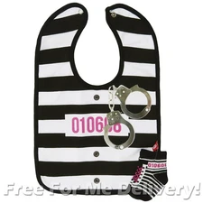 LITTLE RASCAL BIB & SOCK SET -Jailhouse Prisoner Cute Girls Set **FREE DELIVERY*