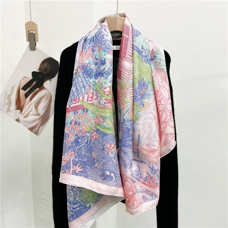 Garden Flowers Print Pure Twill Silk Wrap Scarf Bandana Large Shawl Kerchief 53"