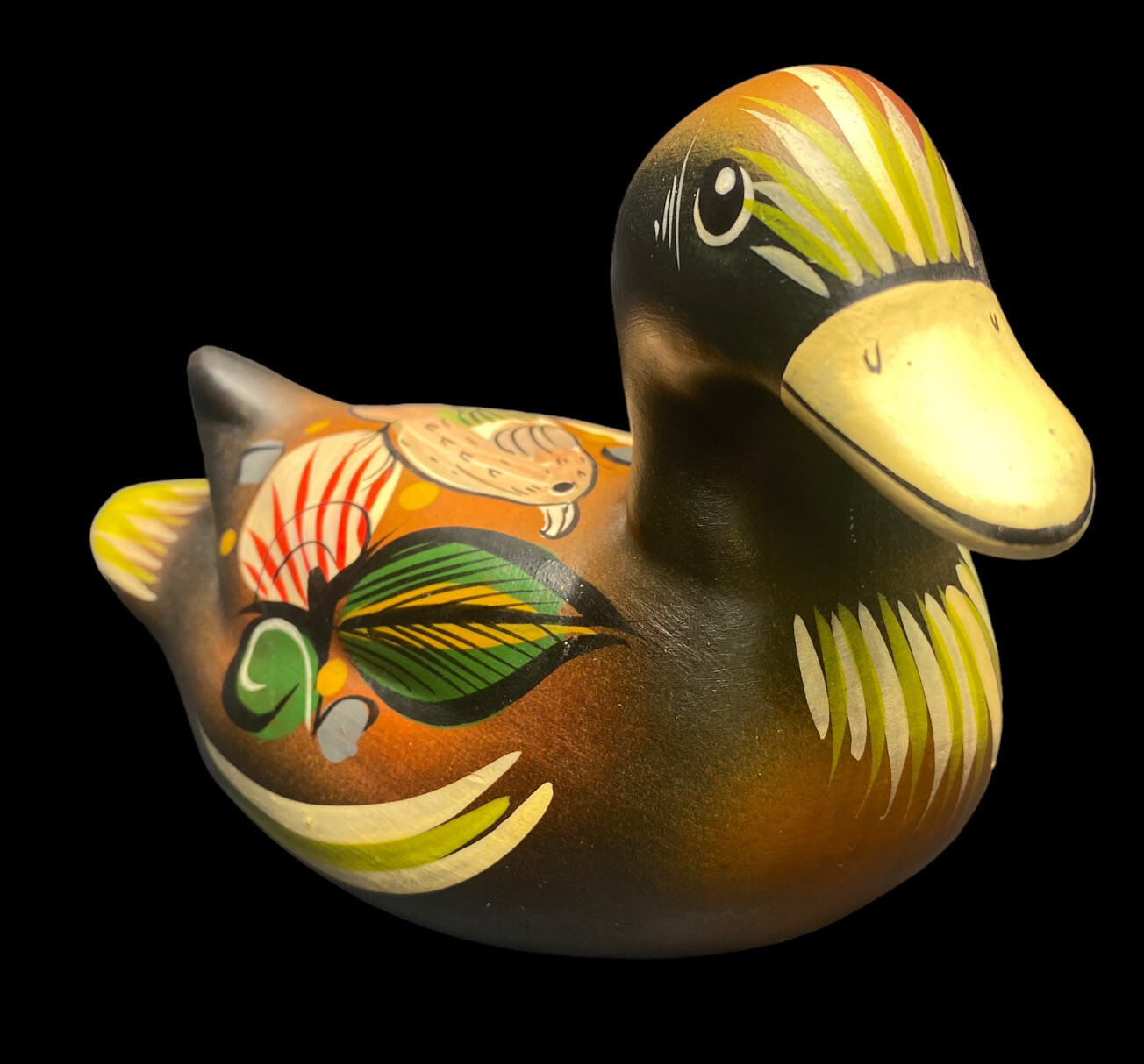 Mexican Folk Art Pottery Colorful Duck With Bird Design On Back Artist Initialed