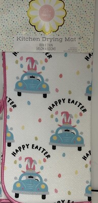 Gnome Easter Dish Drying Mat, Bunny Gnome Driving A Blue Car Dish Drying Mat