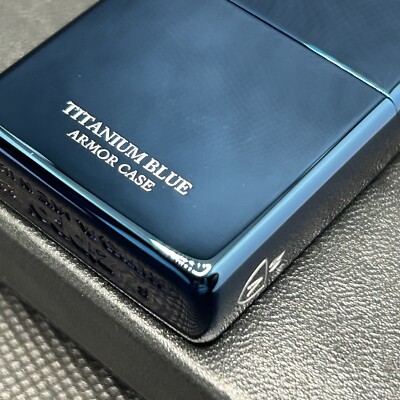 Zippo Armor Case Titanium Blue Side Logo Oil Lighter Etching Brass