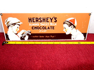 13x4 in HERSHEY`S ALMOND SWEET MILK CHOCOLATE ADV. HEAVY METAL PORCELAIN - Z 444