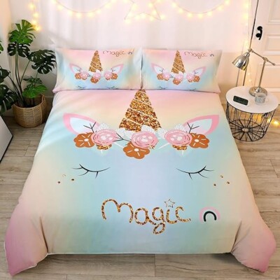 DEERHOME Rainbow Unicorn Bedding Girls Duvet Cover Sets with Charming Eyes Flora