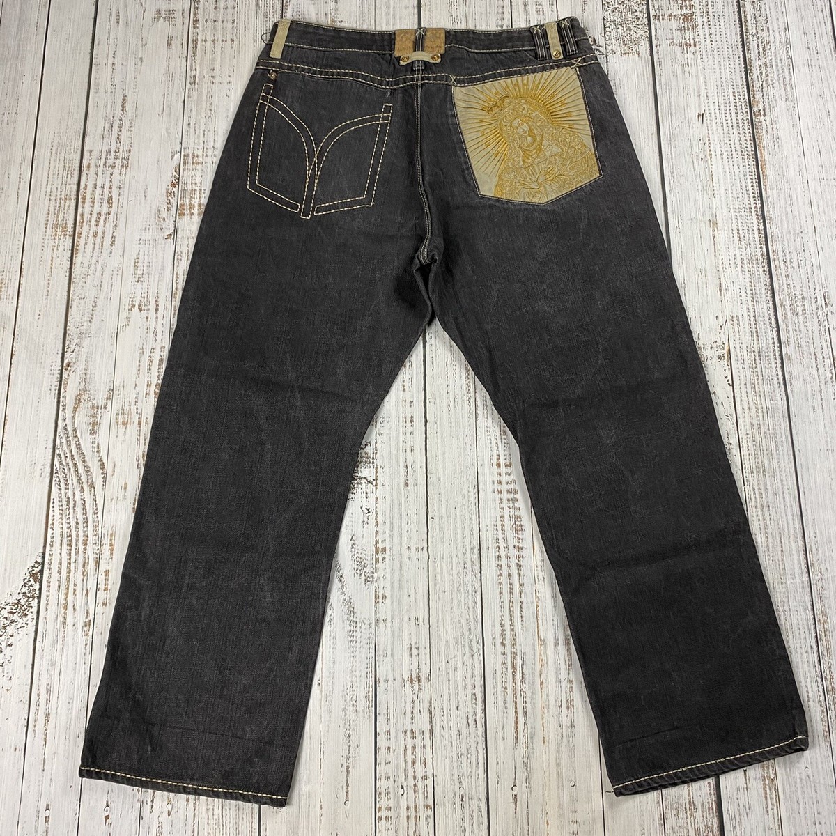 VTG COOGI 90S VIRGIN MARY EMBROIDERED POCKET BLACK DENIM JEANS