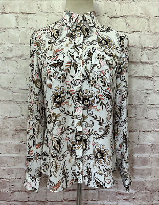 White House Black Market WHBM Womens Blouse Size 0 Button Up Ivory Black Floral