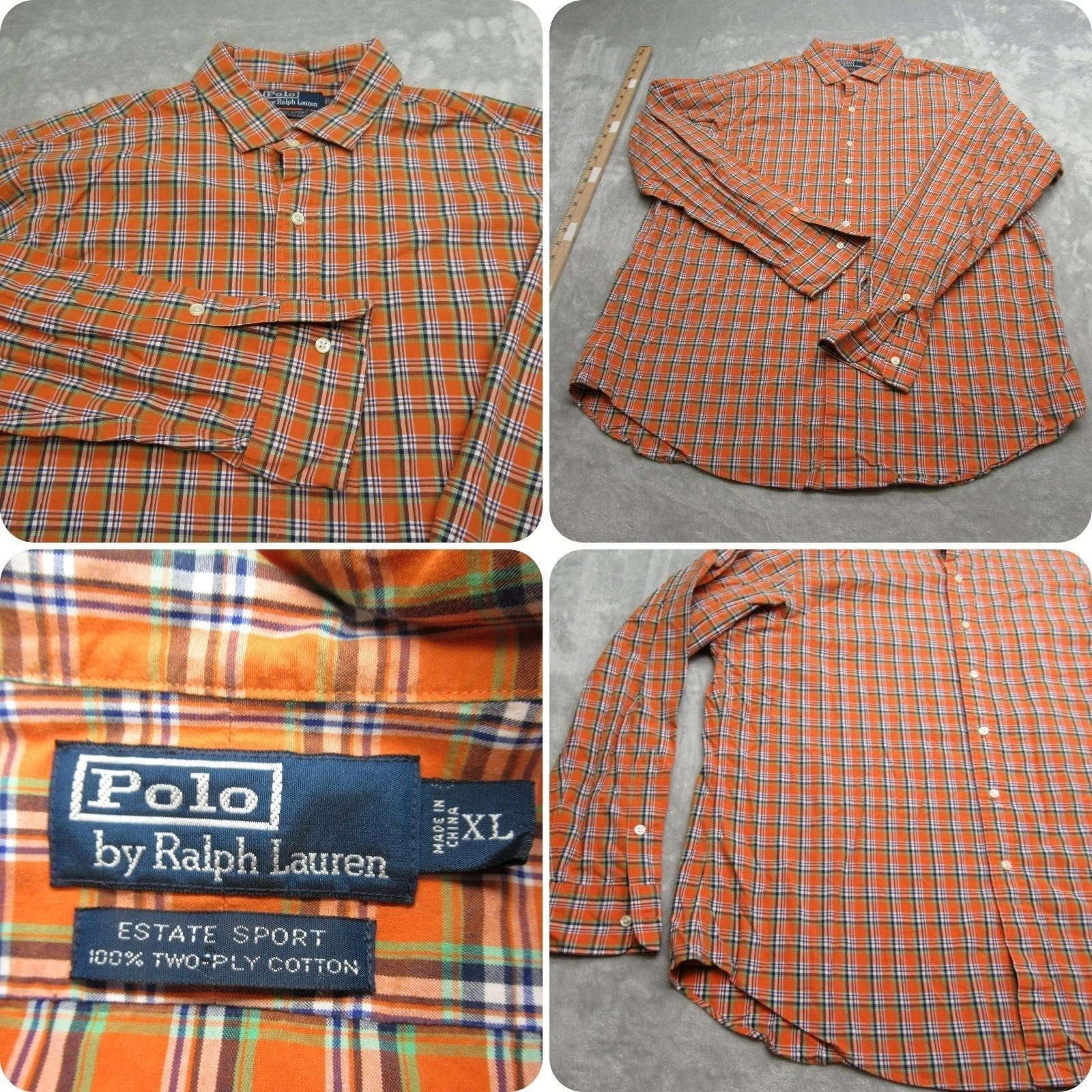 Polo by Ralph Lauren Shirt Men Orange Plaid Estate Sport Orange Long Sleeve