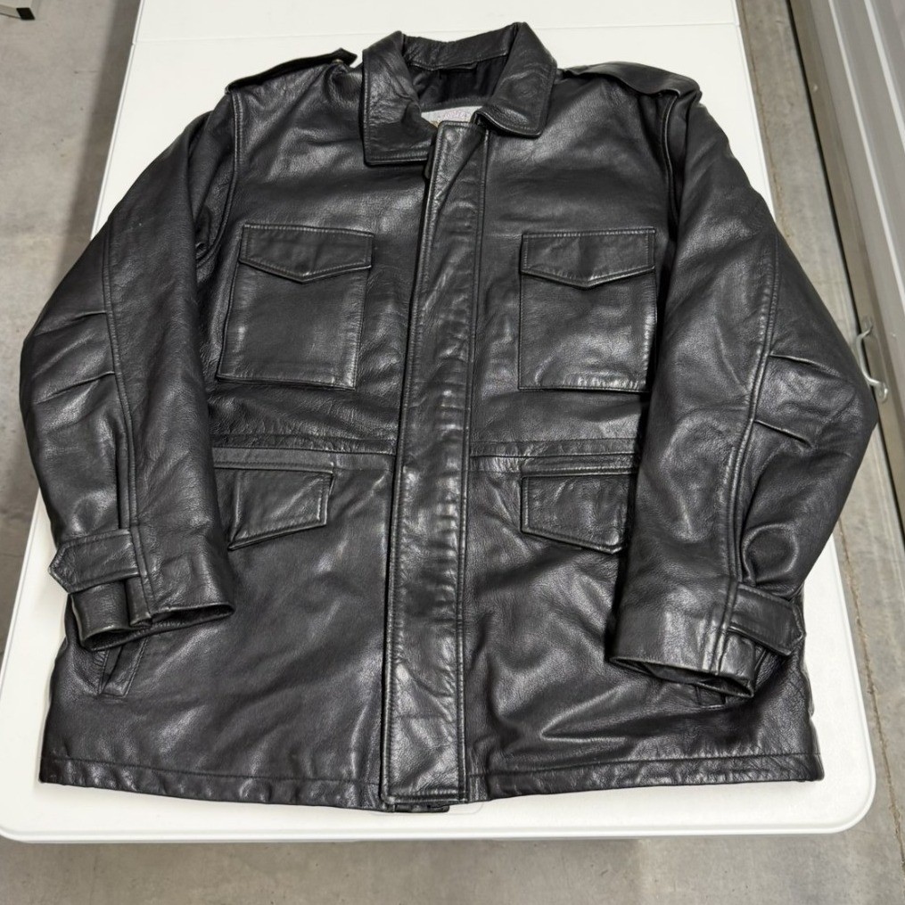 Vintage goat skin Black Leather Field Jacket Military Utility mens