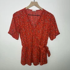 Sienna Sky • Red Floral Faux Wrap Top Blouse Size Medium