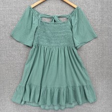 JODIFL Smocked Dress Sz M Short Sleeve Ruffle Hem Green Babydoll Y2K Milkmaid 90