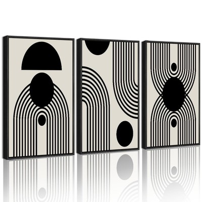 Black and White Abstract Framed Wall Art Decor Duotone Minimal Dark Brush Str...