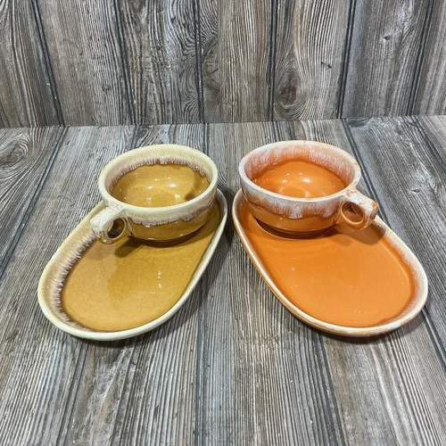 2 VTG Hull Pottery Butterscotch & Tangerine Drip Soup Bowl Sandwich Snack Tray