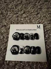 Medium Black Silver Cat Theme Press-On Nails Set, 3D Glitter, Full Cover Square
