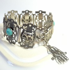 Vintage Moroccan Fatma Hand Bracelet Silver Tone Boho Cuff Jewelry