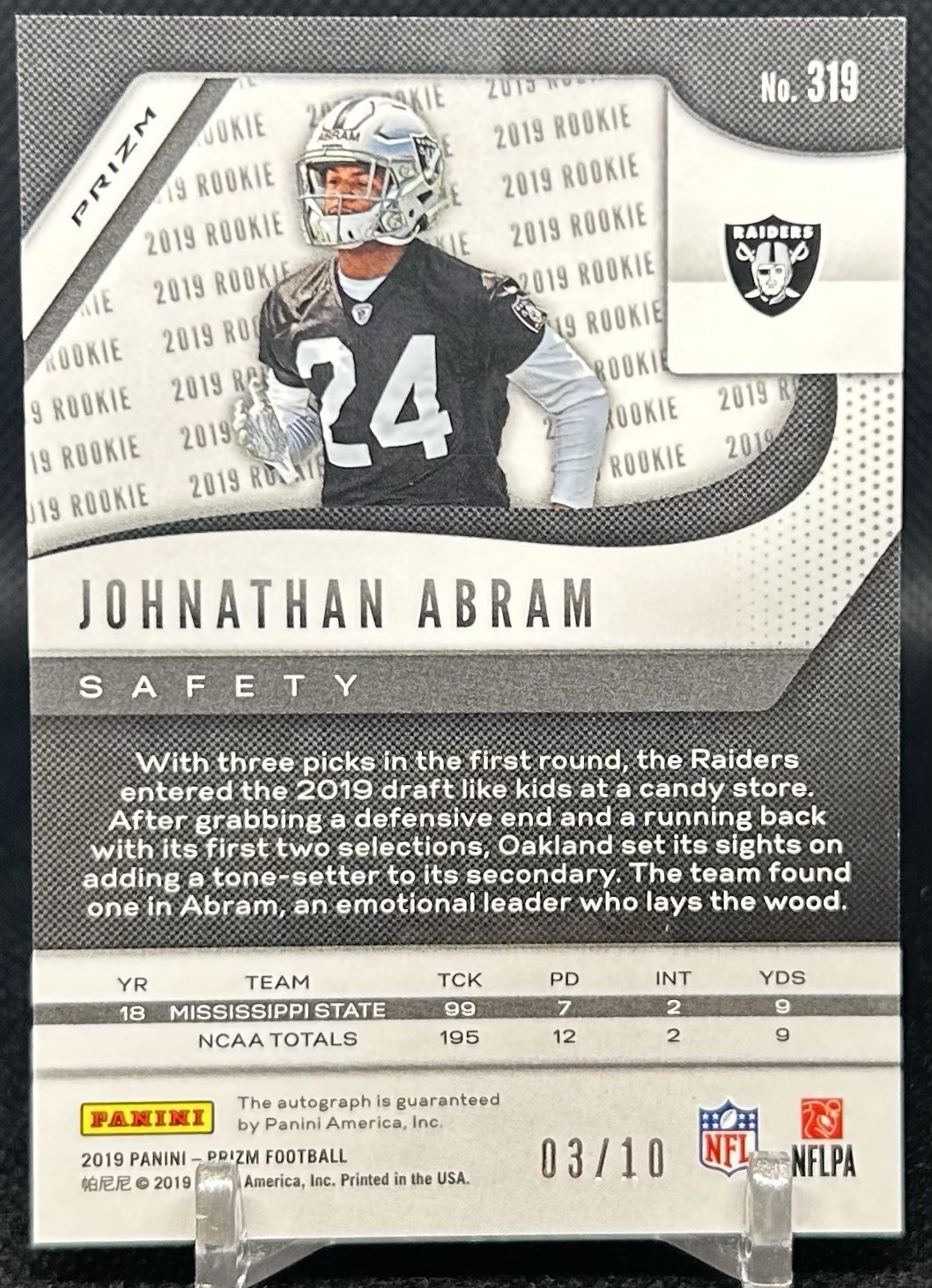 2019 Panini Prizm Johnathan Abram RC ROOKIE GOLD PRIZM AUTO /10 RAIDERS view 2
