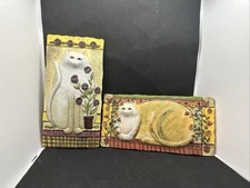 Set of 2 E. Smithson Cat Wall Plaques Folk Art Cats 3D - 8”x4" Signed