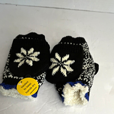 Women s Knit Snowflake Mittens Lined Button One Size Black/White/Blue