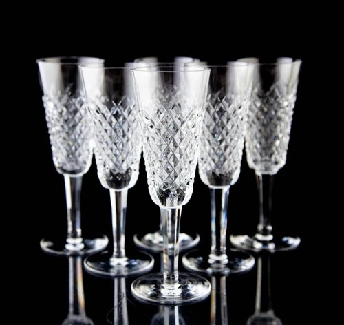 Waterford Alana Fluted Champagne Glasses Set of 7 Elegant Vintage Crystal Signed
