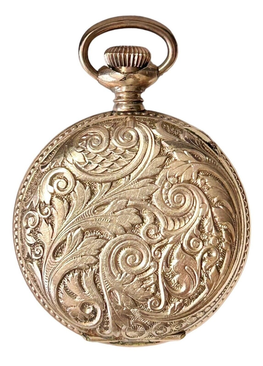 Antique 1898 10K Rose Gold Filled New England Co Cavour Pocket Watch Porcelain View 2