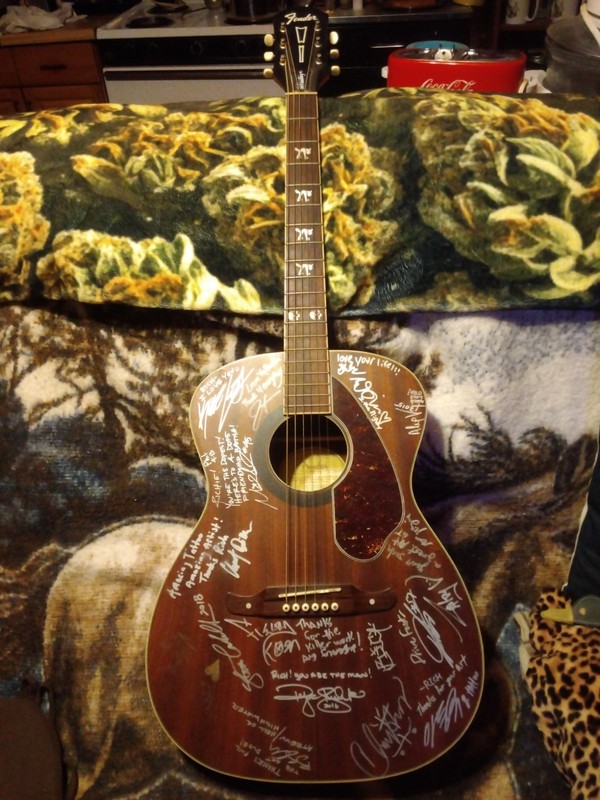 "KORN" SIGNED TIM ARMSTRONG HELLCAT ACOUSTIC GUITAR TO TATTOO ARTIST RICH PINEDA