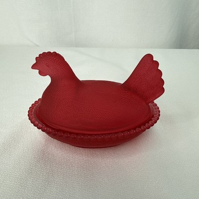 New Production 4 1/2  Indiana Style Hen On Nest Glass Chicken Dish Light Red
