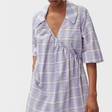 NWT $275 GANNI SEERSUCKER CHECK MINI WRAP DRESS Size XXS/XS
