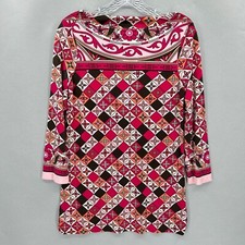 Tory Burch Top Womens Small Pink 100% Silk Boat Neck Pullover Mosaic Retro Tunic