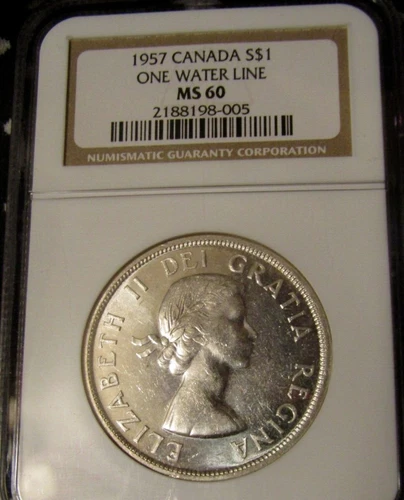 1957 CANADA SILVER $1 DOLLAR..NGC MS-60..ONE WATER LINE...