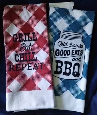 Kitchen Dish Towels ''Cold Drinks Good Eats & BBQ'' ''Grill Eat Chill Repeat'' New
