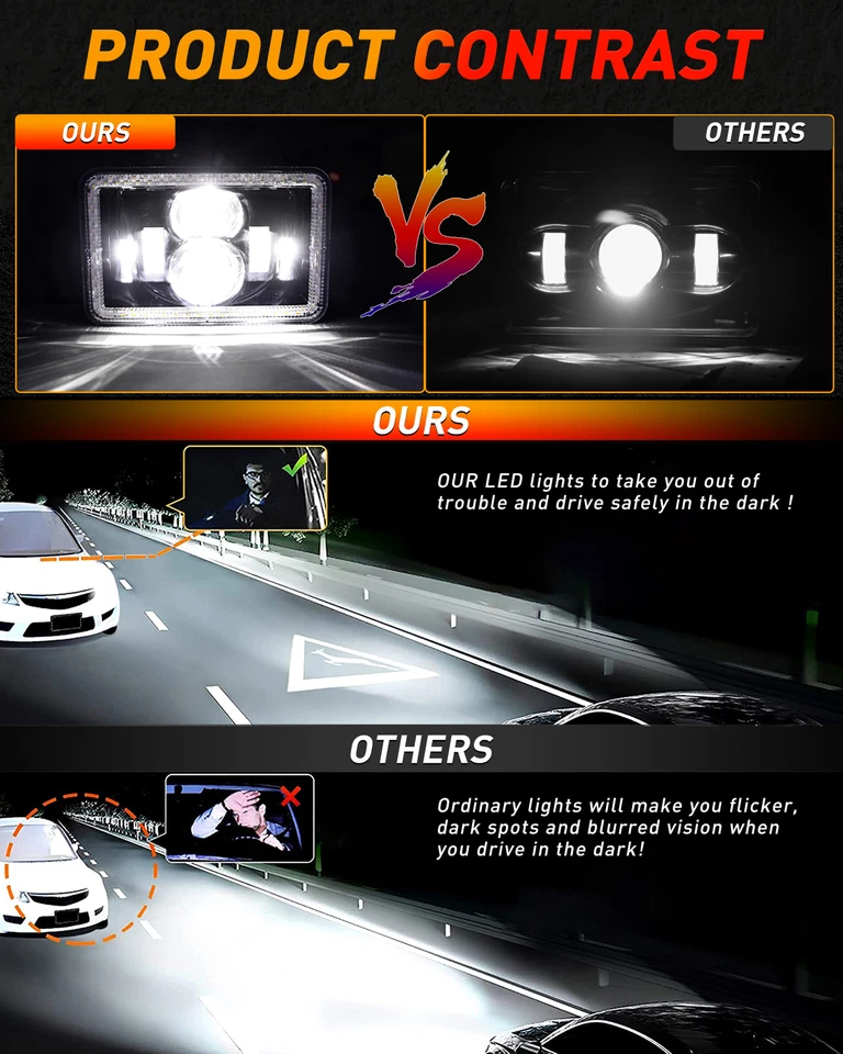 4PCS 4x6" Black LED Headlights Hi/Lo For Chevy C10 Pickup Truck 1980-1986 C20 - Image 3 of 4