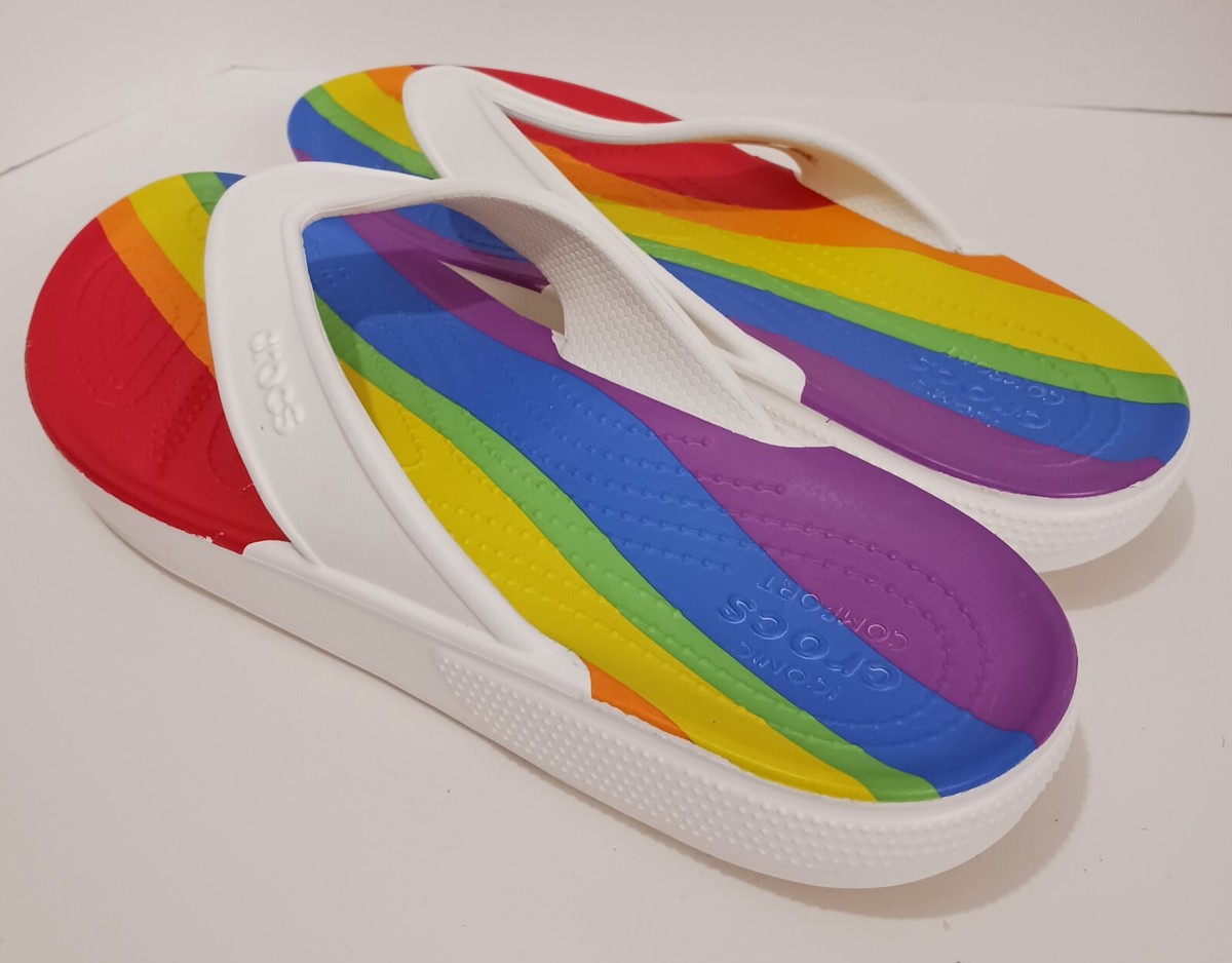 Crocs Classic II Rainbow Stripe Flip-Flops Comfort Sandals Rainbow