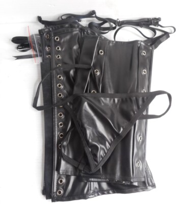 Women Imitation Leather Black Lace-up Corset, Mini skirt G-string Size  Small