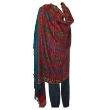 Shawl | Wool + Modal | Geometric | Handloomed | Oversize | Teal & Red