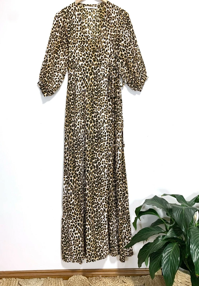 FAITHFULL THE BRAND leopard animal print volume sleeve wrap dress