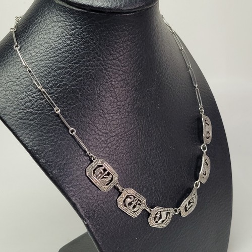 Antique Chain Necklace Symbols Egypt Hieroglyphs Sterling Silver Vintage - Photo 5 sur 13