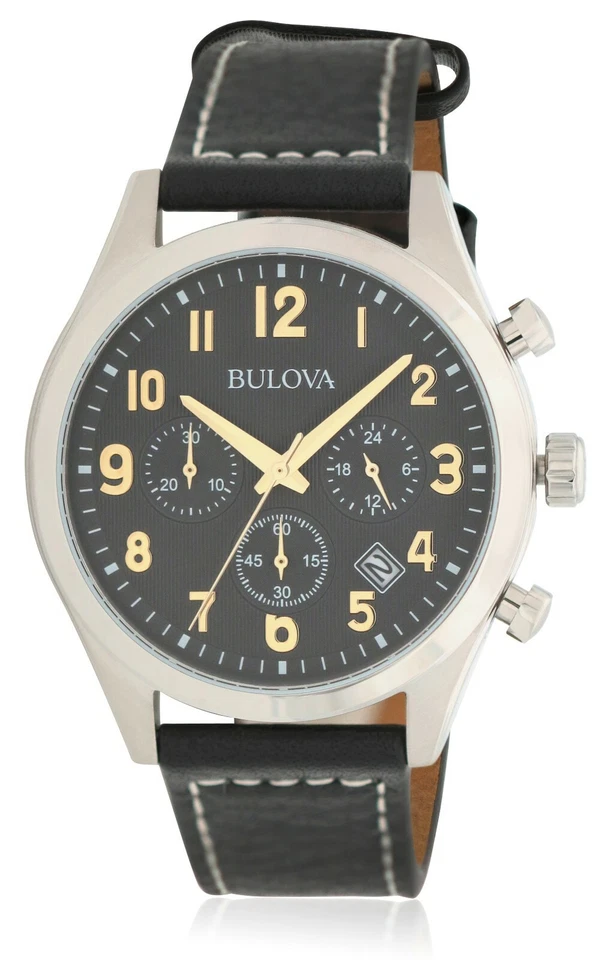 Bulova Men's Quartz Chronograph Black Leather Strap Watch 40mm 96B302