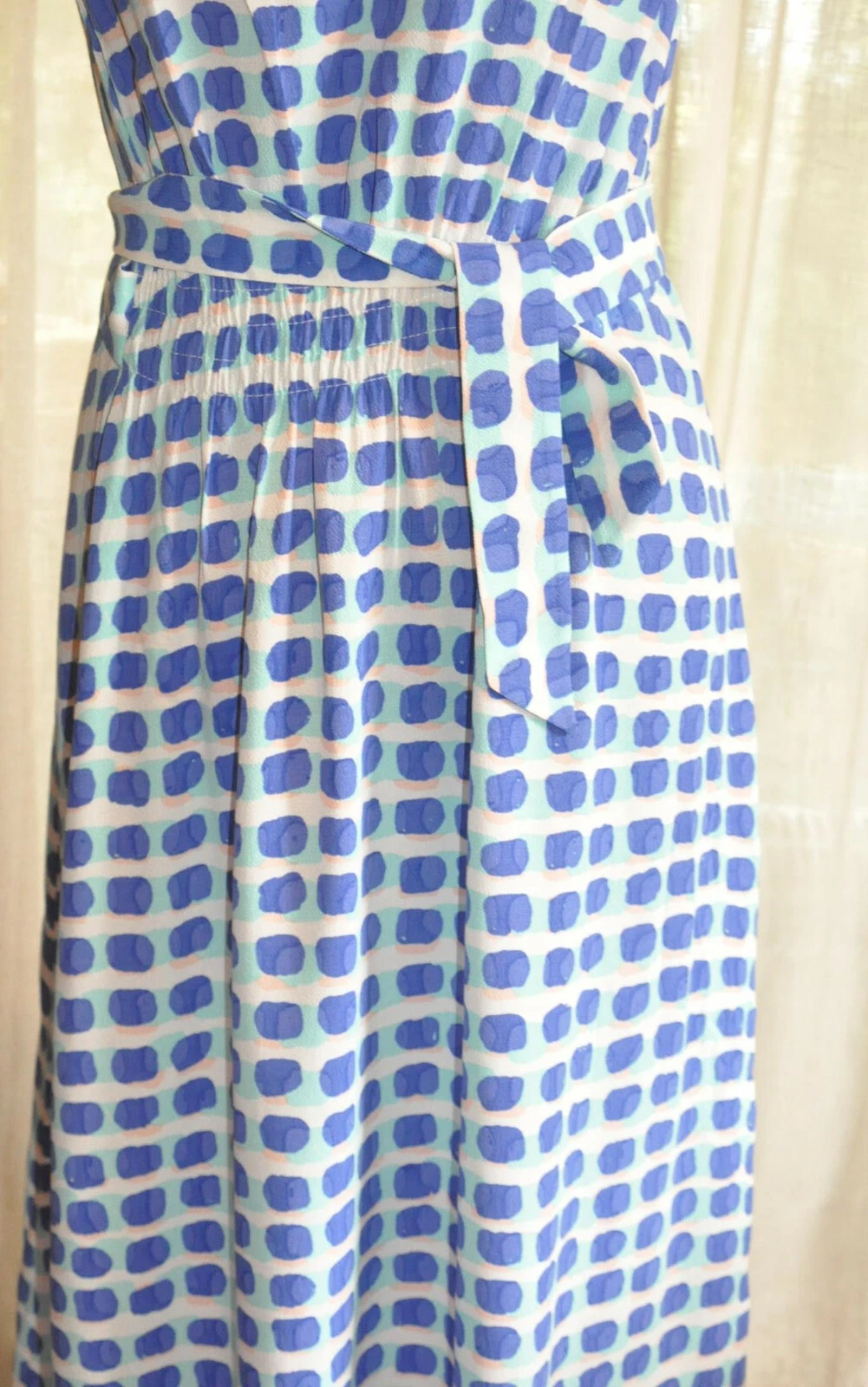 *Kate Spade* Abito smanicato blu e avorio con cravatta in vita XS (UK 10)