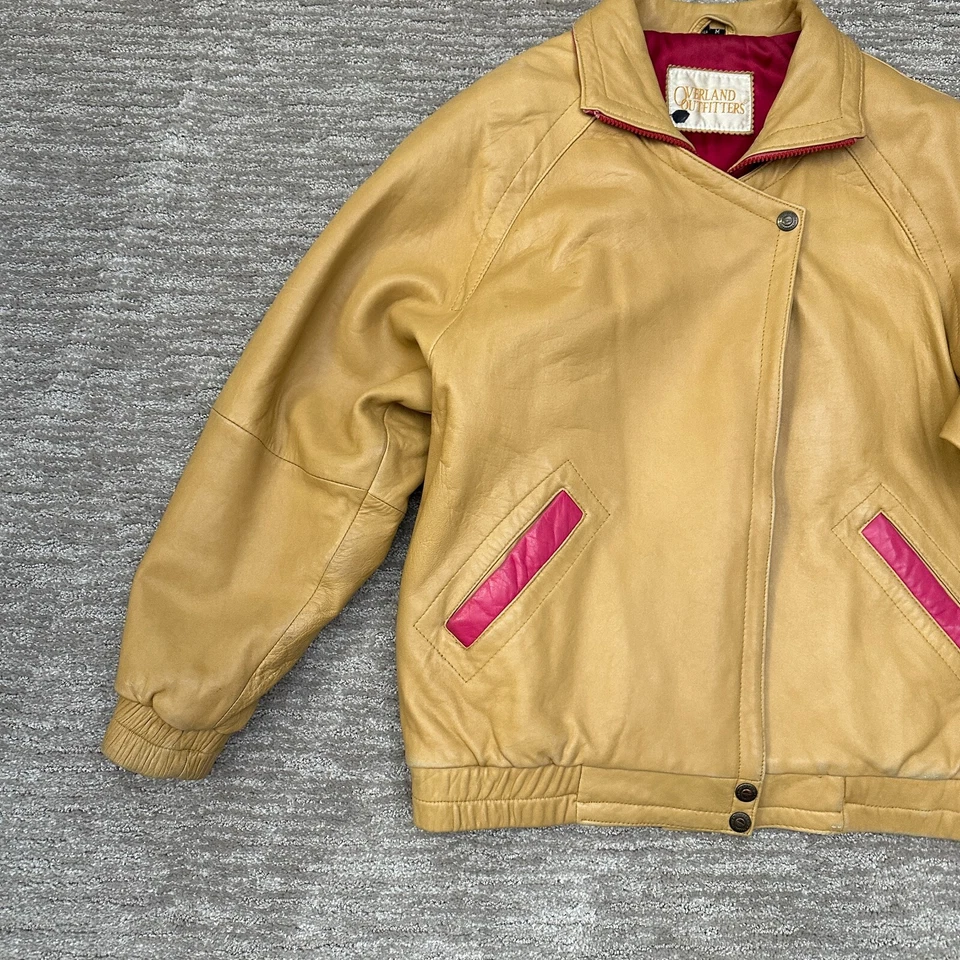 VTG Overland Outfitters Jacket Womens M Tan Pink Western Coastal Cowgirl Leather - Image 3 of 4