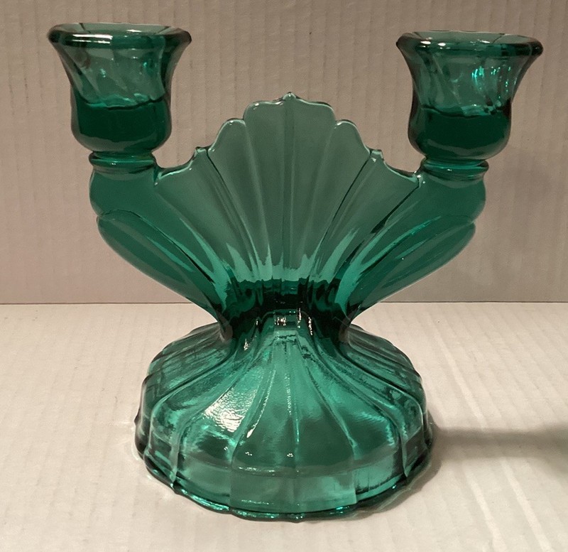 Vintage Jeanette glass aquamarine swirl double candle holder art deco 