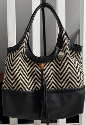 Large Big Buddha Black/Cream Chevron Shoulder Bag Tassel Snap Closure Hobo Bag