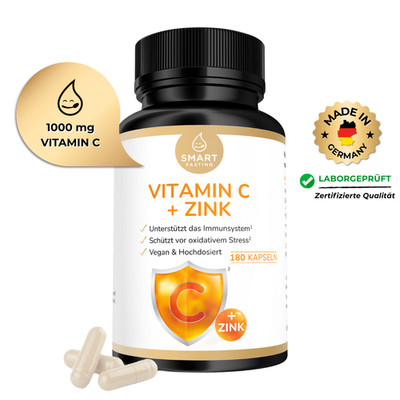Vitamin C 1000mg mit 15mg Zink gepuffert - Vegan - 180 Kapseln - Laborgeprüft