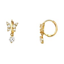 14k Yellow Gold Studded Butterfly Huggie Hoop Hanging Dangling Earrings Clear CZ