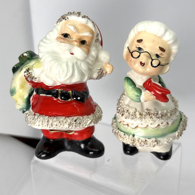 VTG LEFTON's MR & MRS SANTA CLAUS SALT & PEPPER SHAKERS 1957 W/SPAGHETTI TRIM
