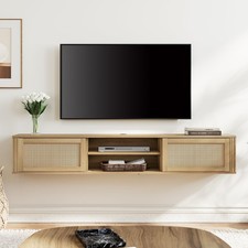 80 TV Floating Wall Mount Stand Power Outlet Console Rattan Doors Oak