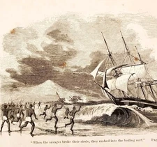 1867 Indigenous Tribe Attacking Sailboat Wood Engraving Victorian Sailing E2G