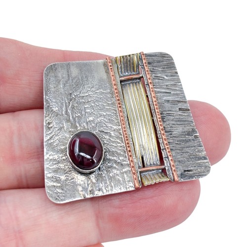Artisan Sterling Silver 925 Mid Century Modern Mixed Metal Garnet Pin Brooch