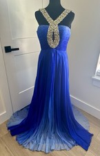 Sherri Hill Blue Silk Chiffon Ombre Maxi Beaded Key Hole Prom Dress Size 0/2
