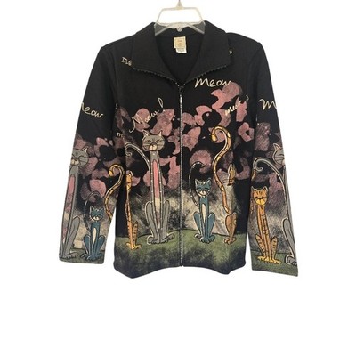Jess & Jane- Cat Print Black Rhinstone Zip-Up Meow Spring Jacket Size S