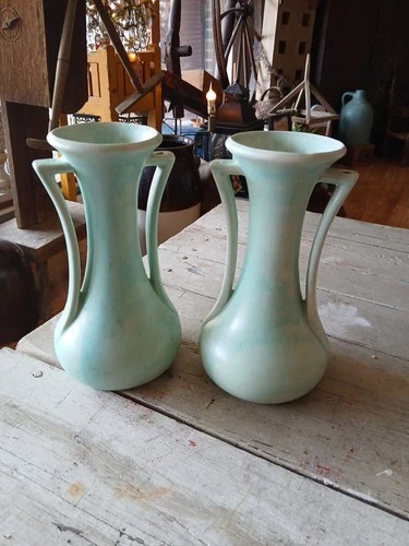 2 Nelson McCoy Pottery Turquoise Two Handle 9.25" Tall Art Deco Vase MCM USA Vtg